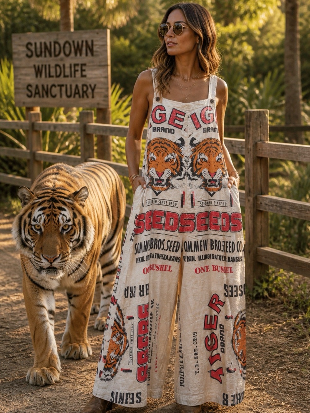 Tiger Graphic Linen Jumpsuit in Cream & Orange